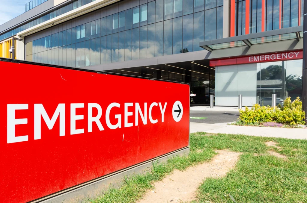 Emergency department sign outside a regional hospital in Bendigo, Australia.