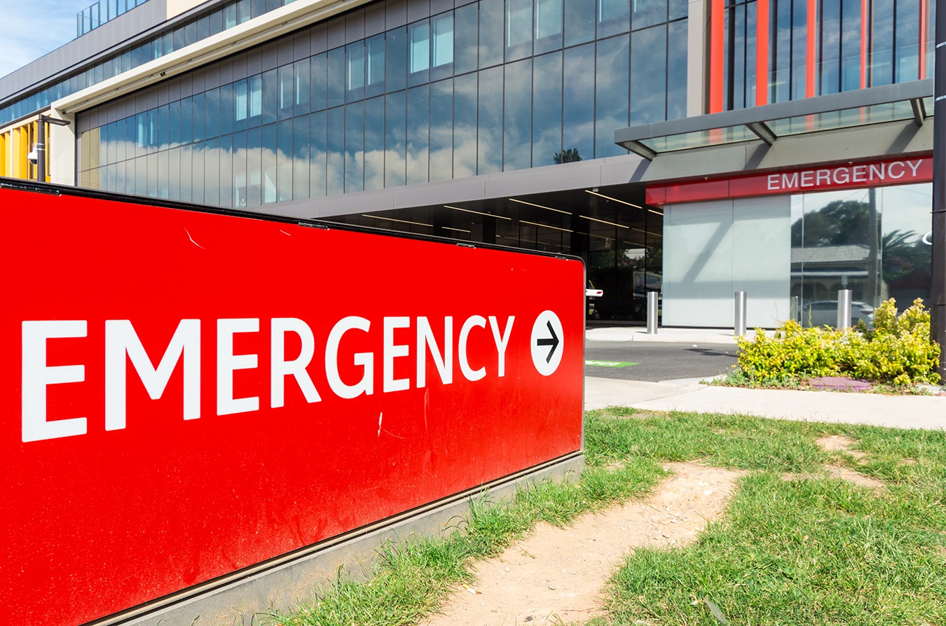Emergency department sign outside a regional hospital in Bendigo, Australia.